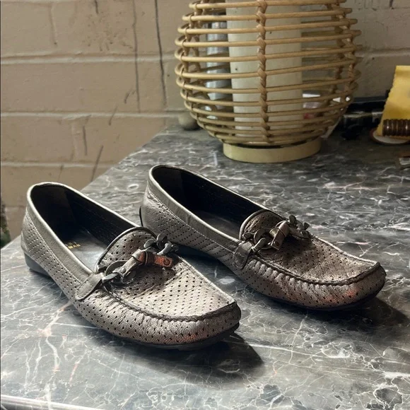 Stuart Weitzman Brown Perforated Leather Slip-On Loafers - Picture 3 of 7